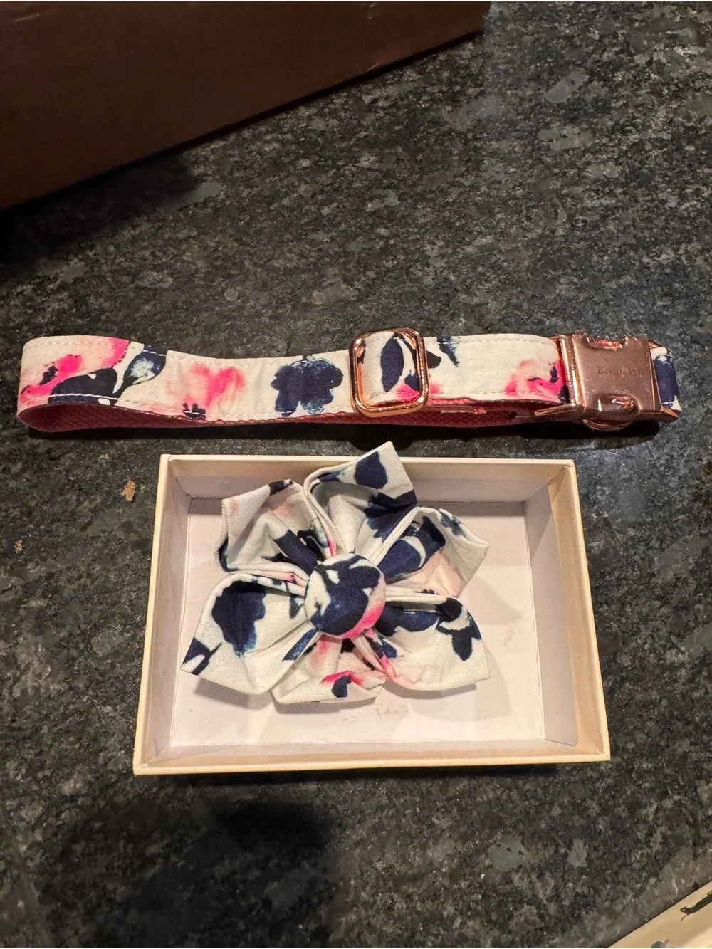 Pink Floral Bow Dog Collar Accessory with Rose-Gold Hardware